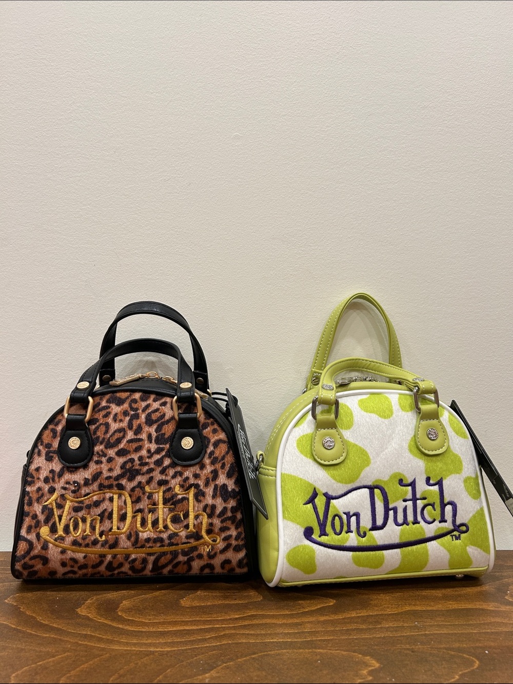 Von Dutch Bowling Bag Bundle. NWT Leopard and NWT Lime Green Cow Print